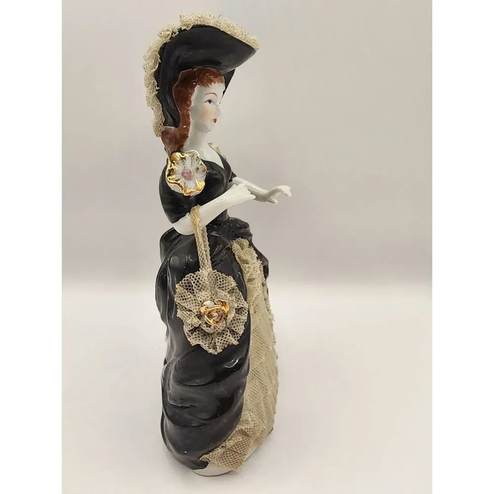 Vintage Porcelain Lace Lady Figurine Black Dress Flowers Purse Damaged Pinky